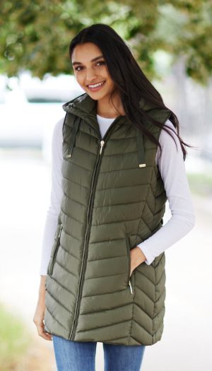HOODED CHEVRON LONGLINE PUFFER VEST