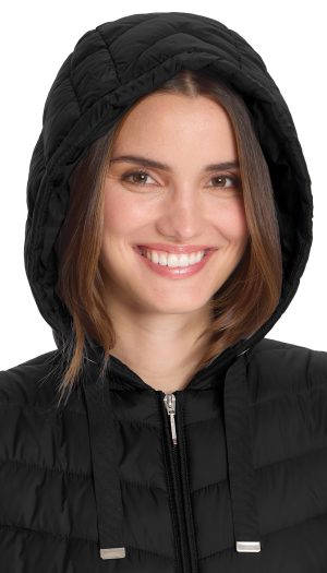 HOODED CHEVRON LONGLINE PUFFER VEST