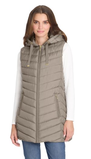 HOODED CHEVRON LONGLINE PUFFER VEST