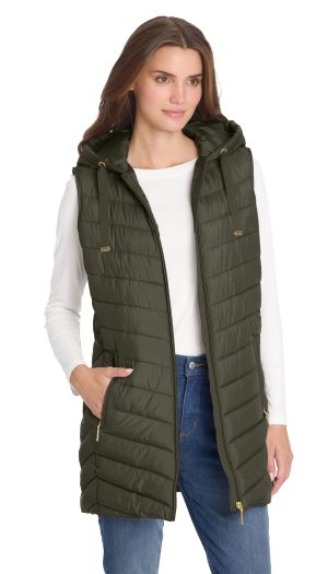 HOODED CHEVRON LONGLINE PUFFER VEST