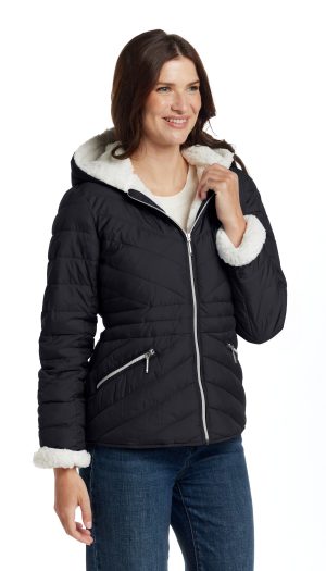 CHEVRON QUILTED PUFFER COAT WITH COZY FLEECE LINING