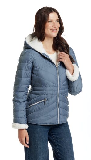CHEVRON QUILTED PUFFER COAT WITH COZY FLEECE LINING