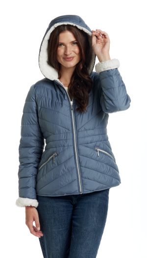 CHEVRON QUILTED PUFFER COAT WITH COZY FLEECE LINING