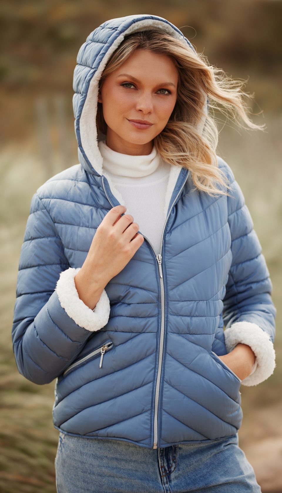 CHEVRON QUILTED PUFFER COAT WITH COZY FLEECE LINING